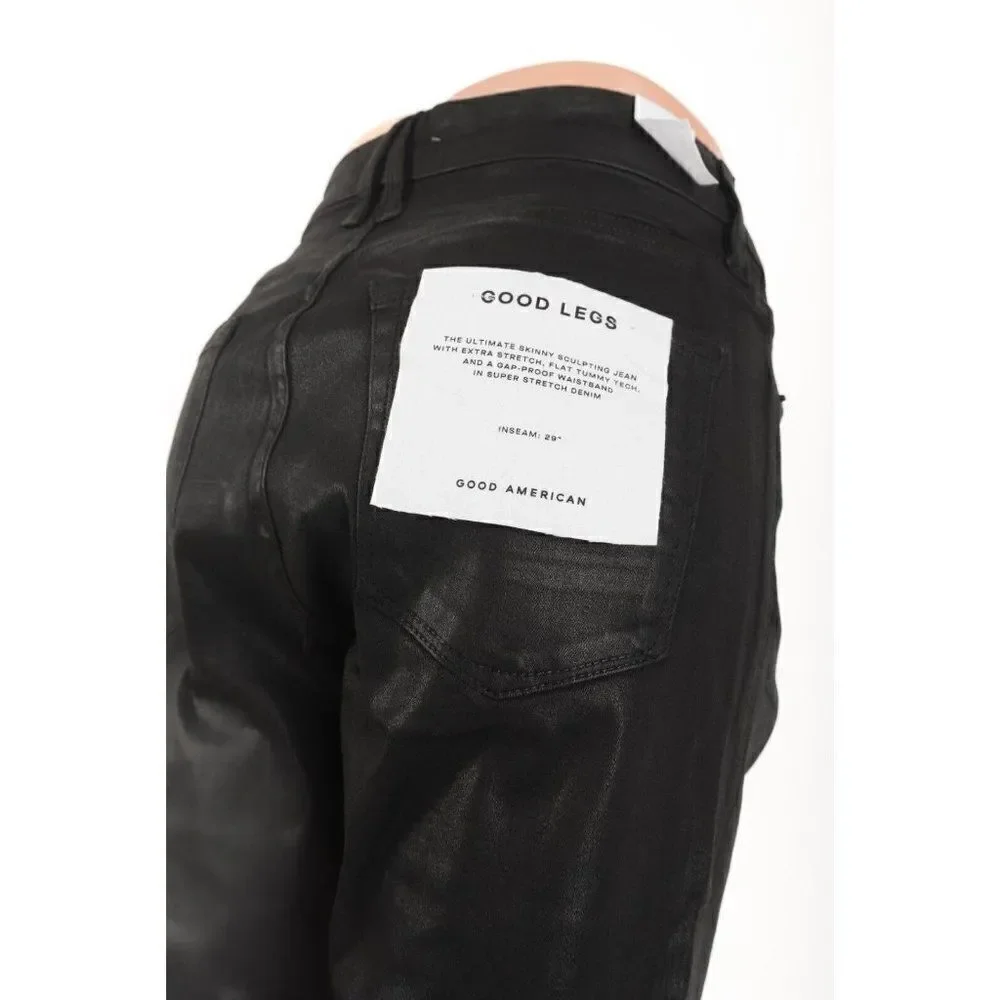 Good American Womans Skinny Sculpting Jeans Sz 14 W 32 Black Coated shimmer NWT
